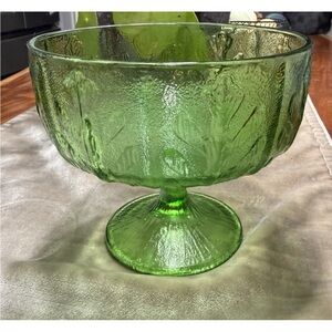 Vintage FTD Green Oak Leaf Pedestal Bowl Compote Embossed